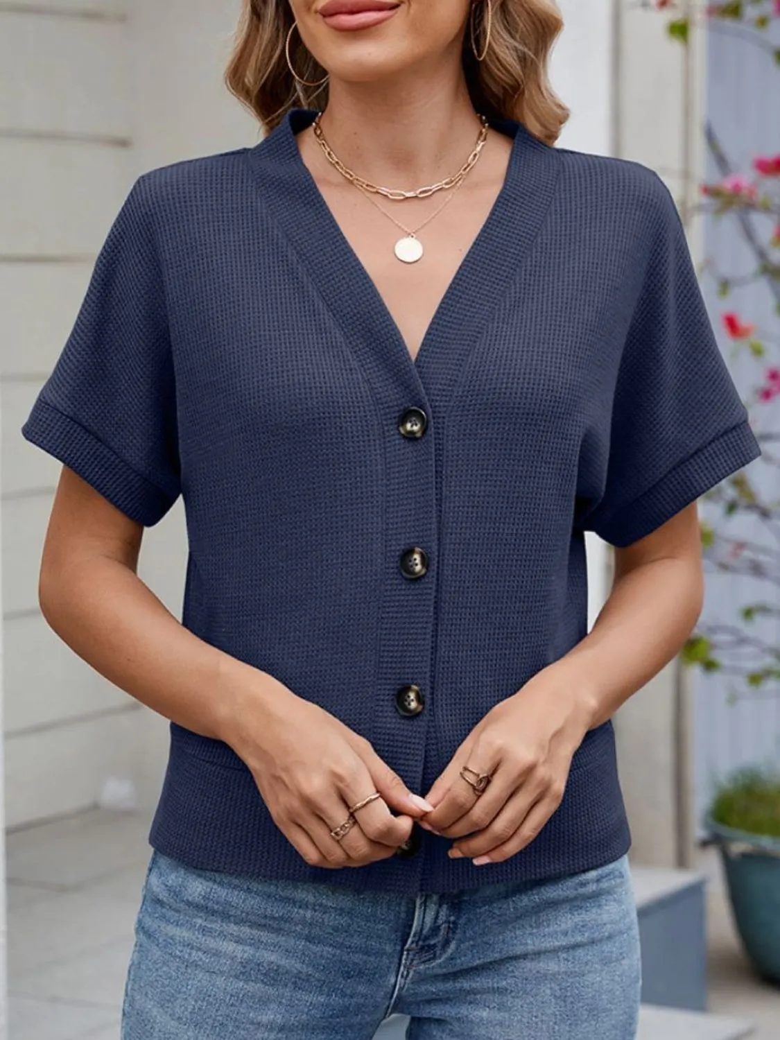 Waffle Knit Button Down Short Sleeve Top - Image 24
