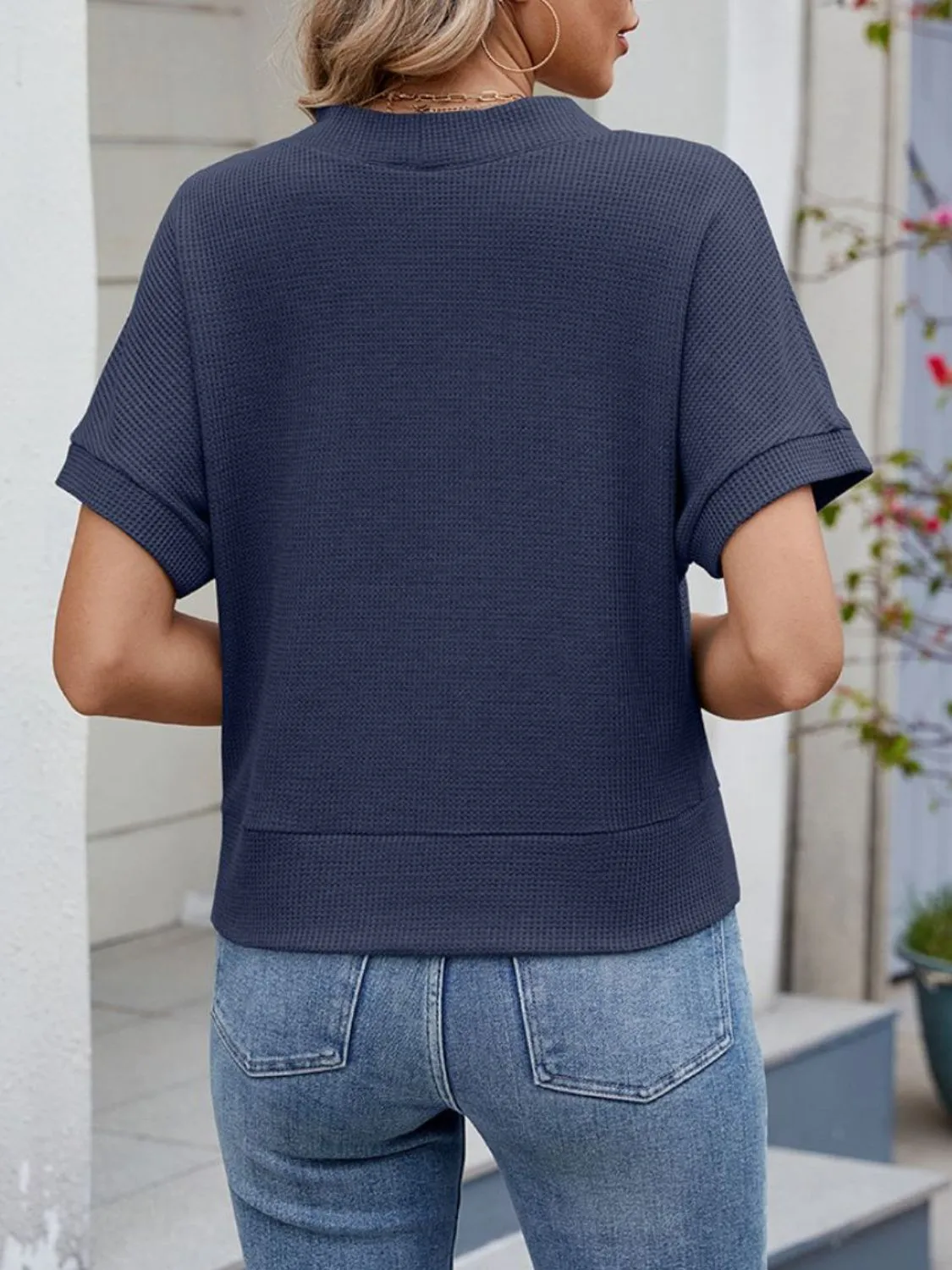 Waffle Knit Button Down Short Sleeve Top - Image 26