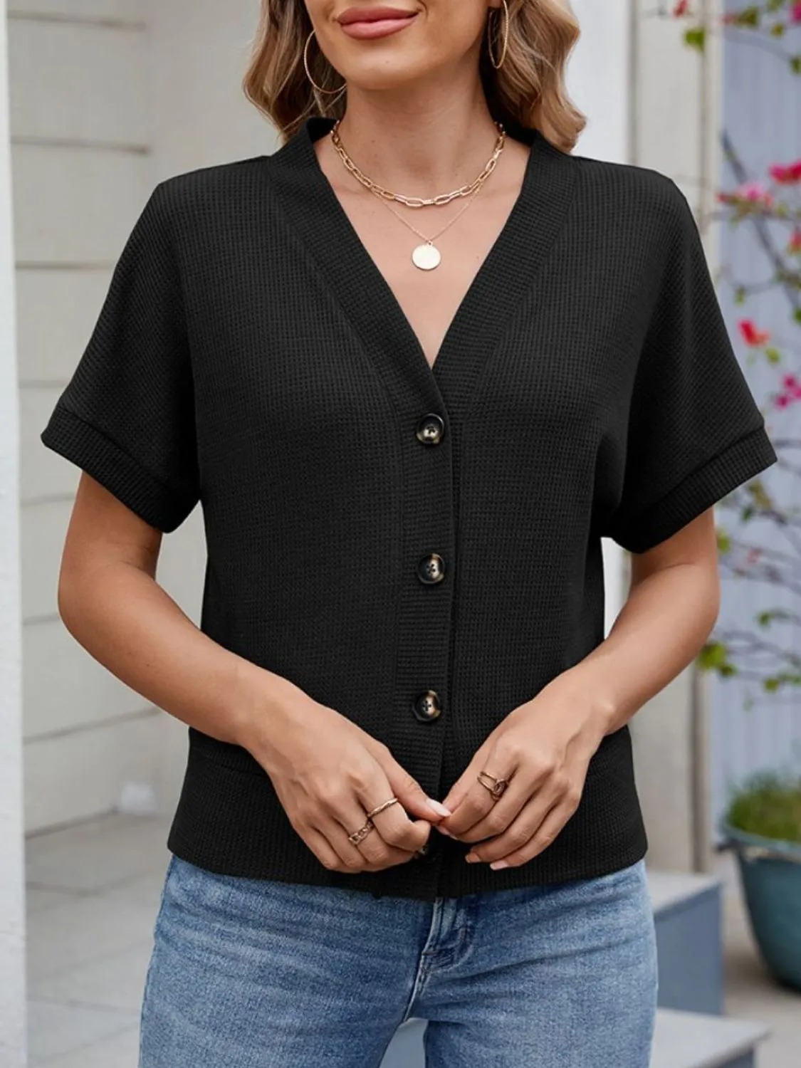 Waffle Knit Button Down Short Sleeve Top - Image 4