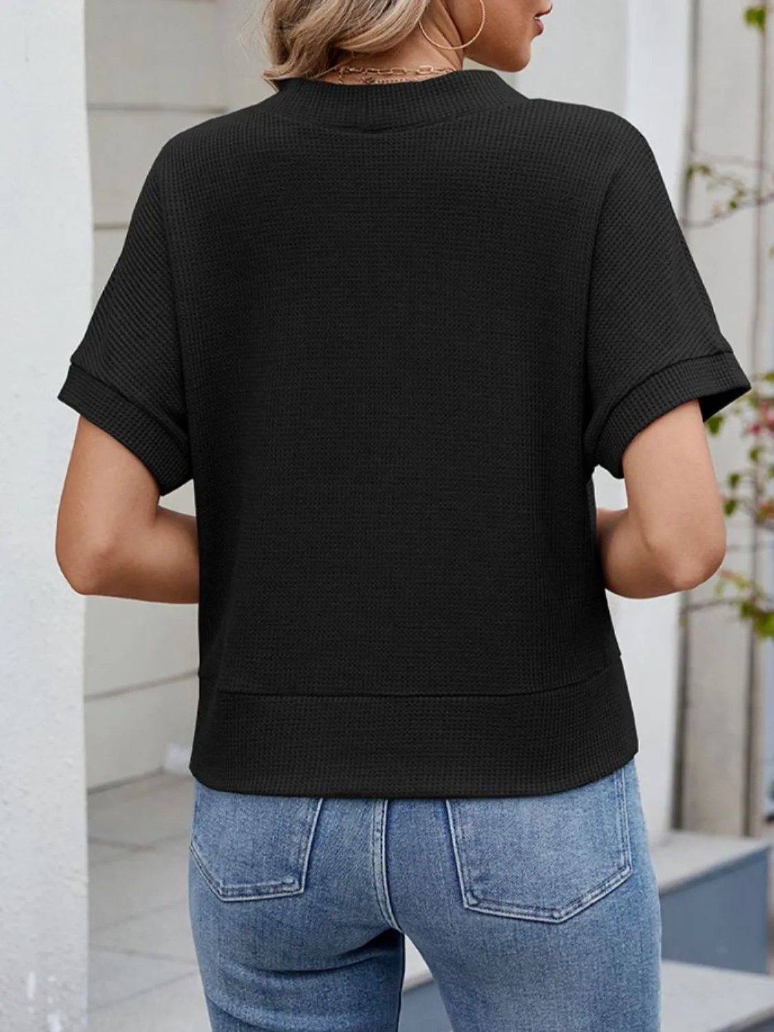 Waffle Knit Button Down Short Sleeve Top - Image 5
