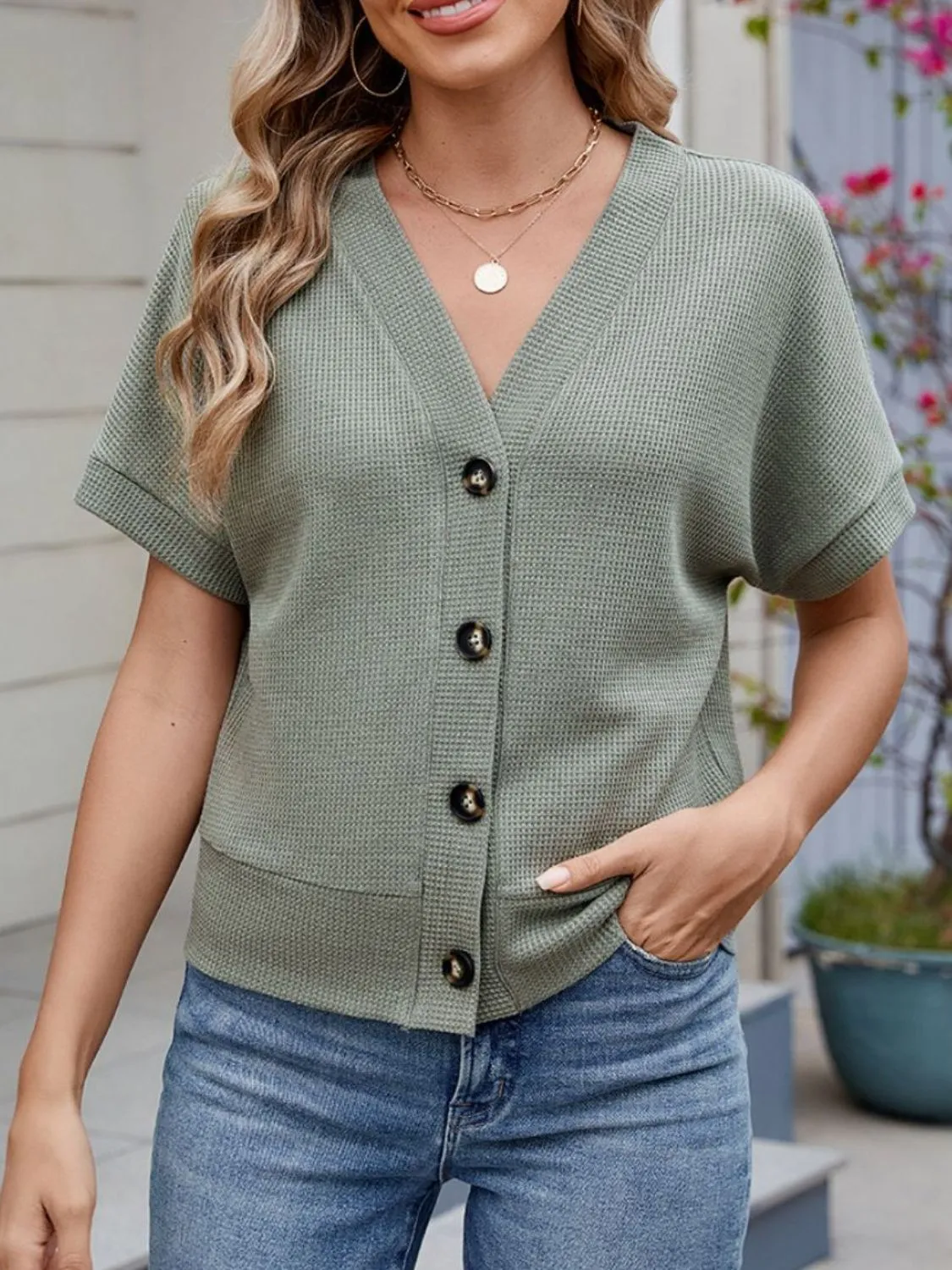 Waffle Knit Button Down Short Sleeve Top - Image 7