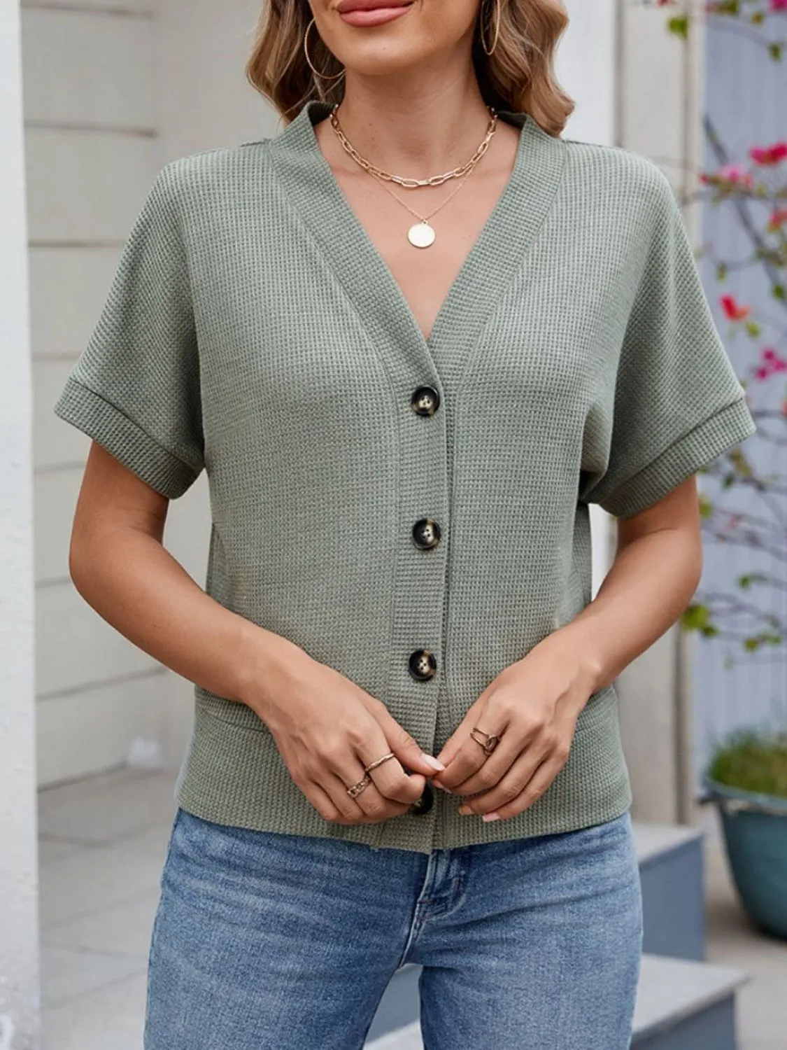 Waffle Knit Button Down Short Sleeve Top - Image 8