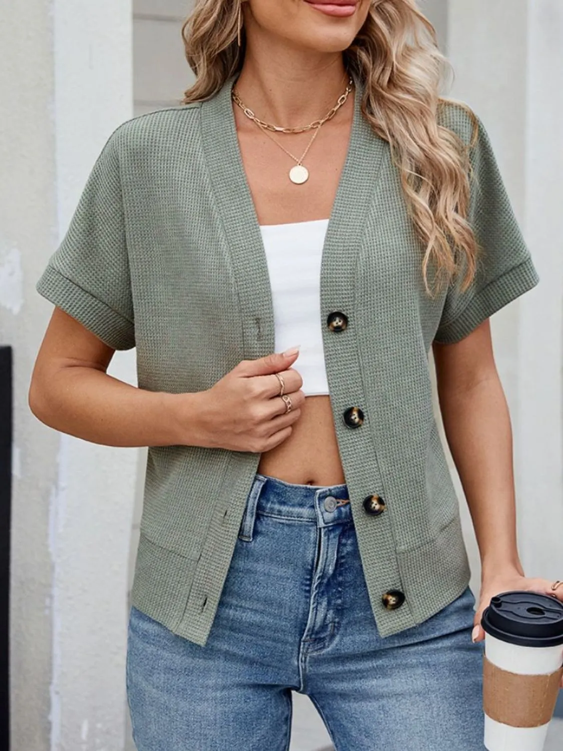 Waffle Knit Button Down Short Sleeve Top - Image 9