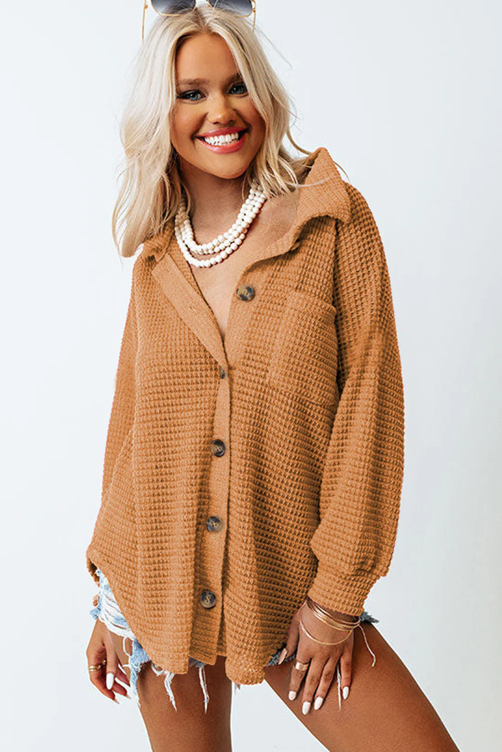 Waffle-Knit Collared Neck Long Sleeve Shirt - Image 2