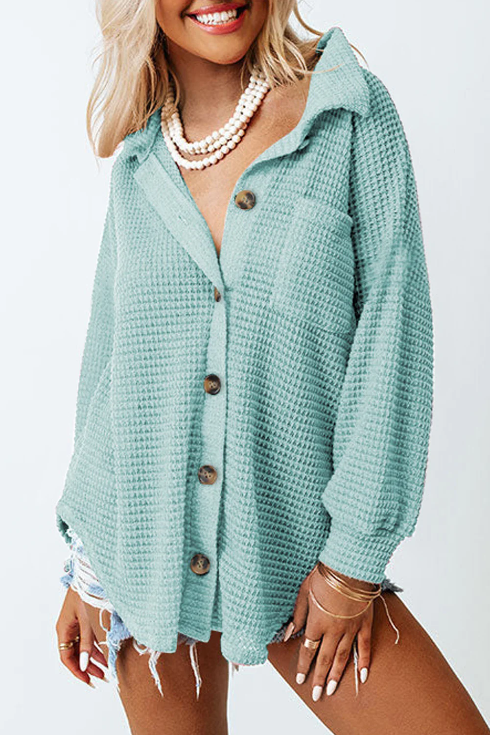 Waffle-Knit Collared Neck Long Sleeve Shirt - Image 20