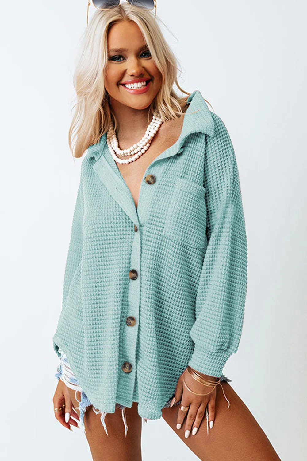 Waffle-Knit Collared Neck Long Sleeve Shirt - Image 21