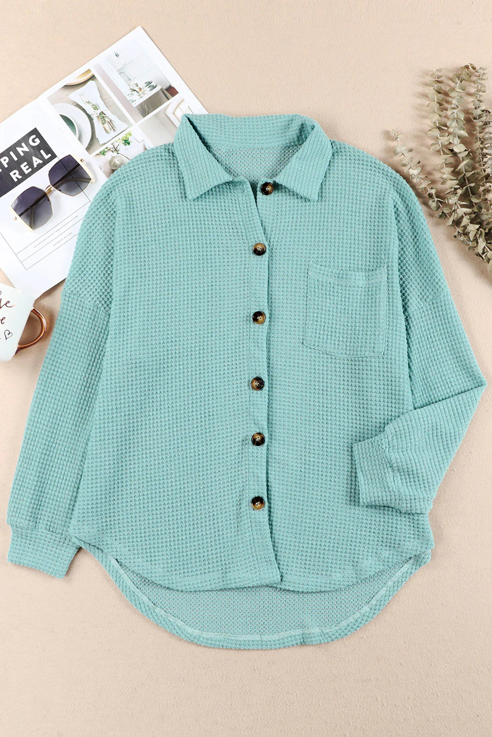 Waffle-Knit Collared Neck Long Sleeve Shirt - Image 25