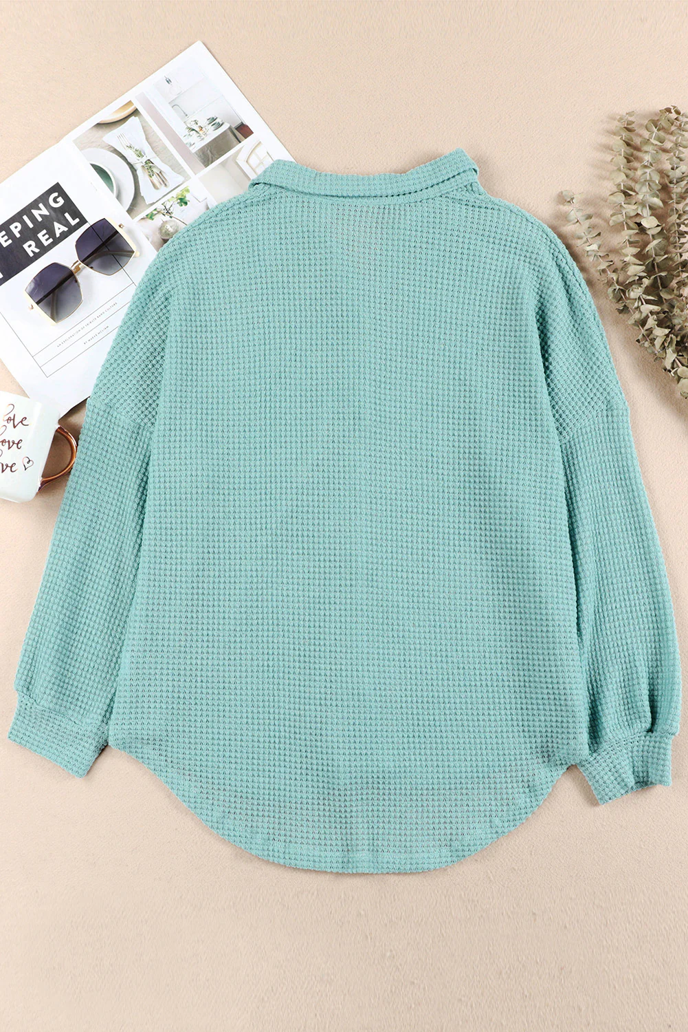 Waffle-Knit Collared Neck Long Sleeve Shirt - Image 26