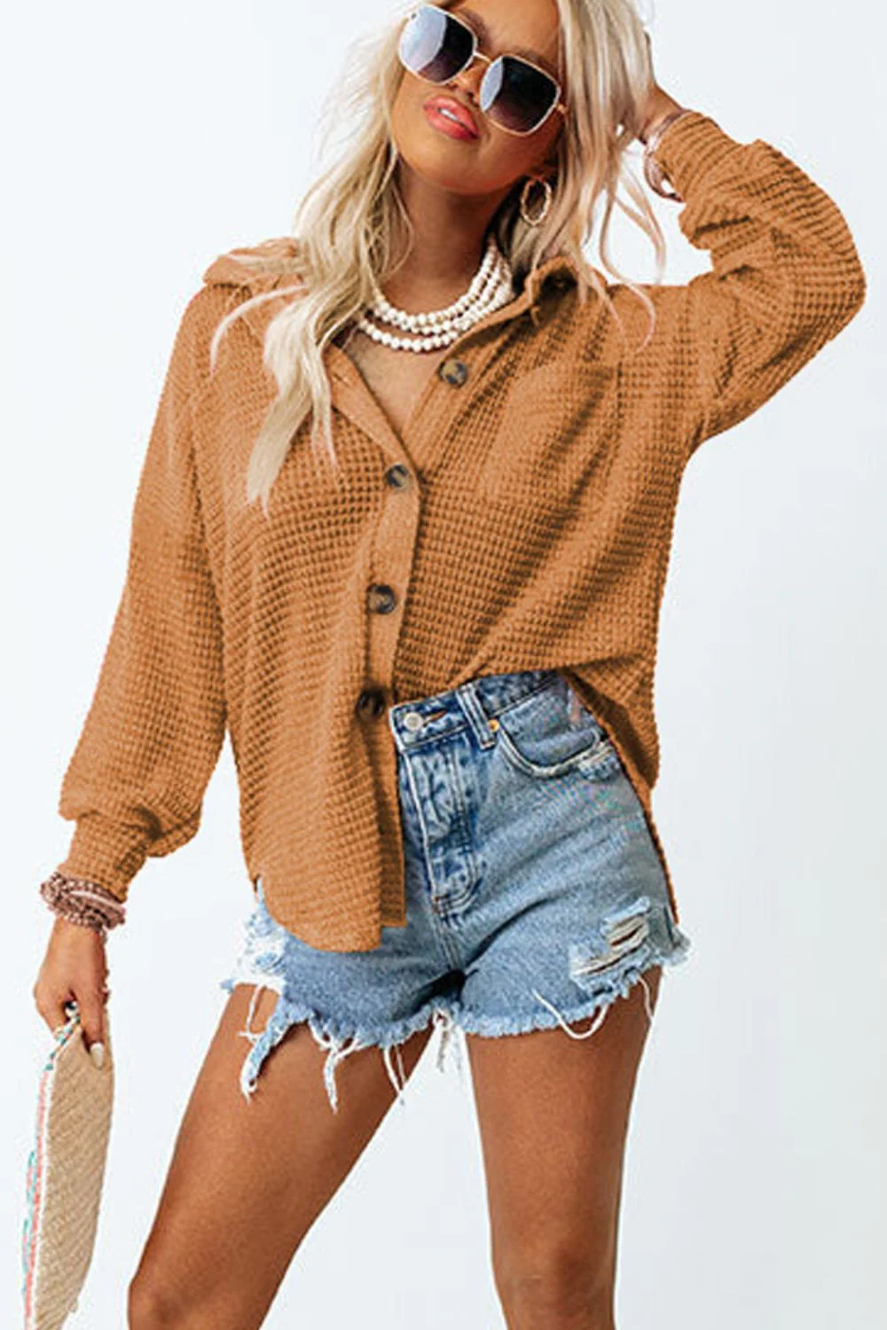 Waffle-Knit Collared Neck Long Sleeve Shirt - Image 3