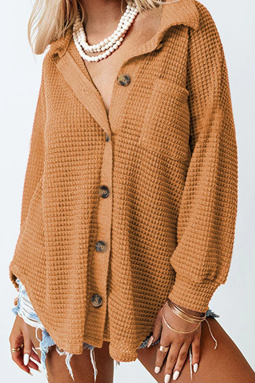 Waffle-Knit Collared Neck Long Sleeve Shirt - Image 30