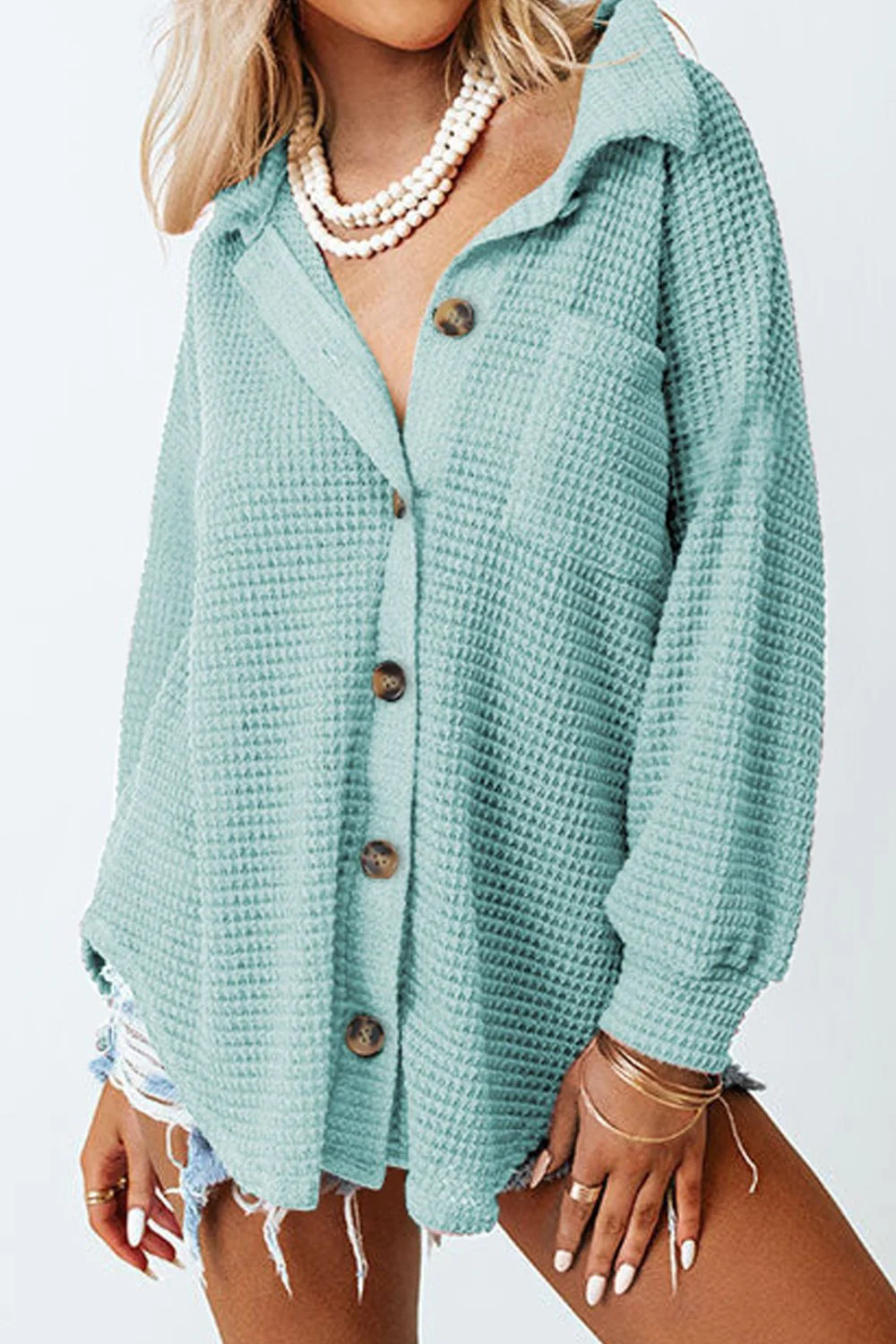 Waffle-Knit Collared Neck Long Sleeve Shirt - Image 31