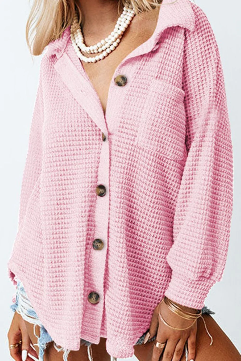 Waffle-Knit Collared Neck Long Sleeve Shirt - Image 32