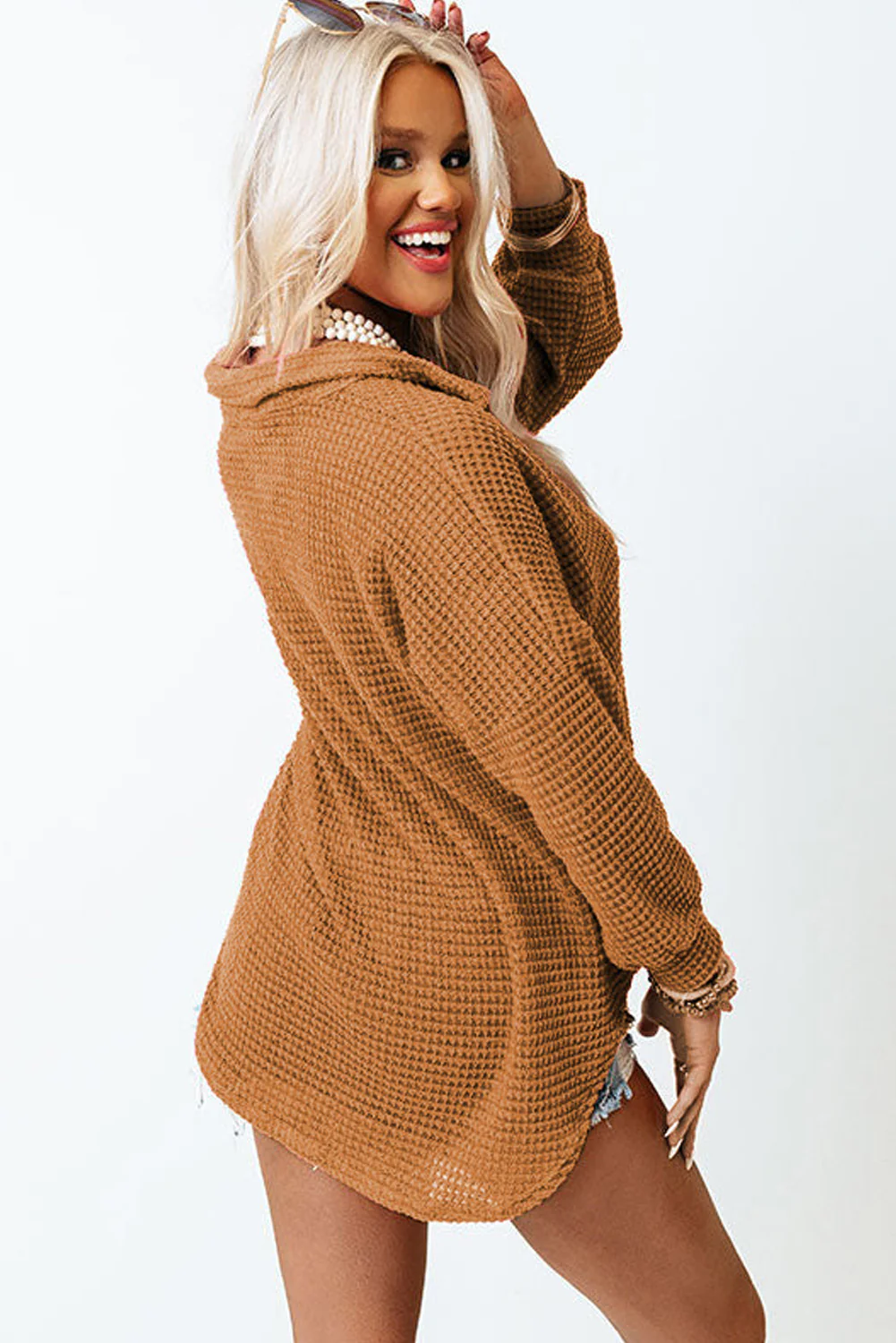 Waffle-Knit Collared Neck Long Sleeve Shirt - Image 4