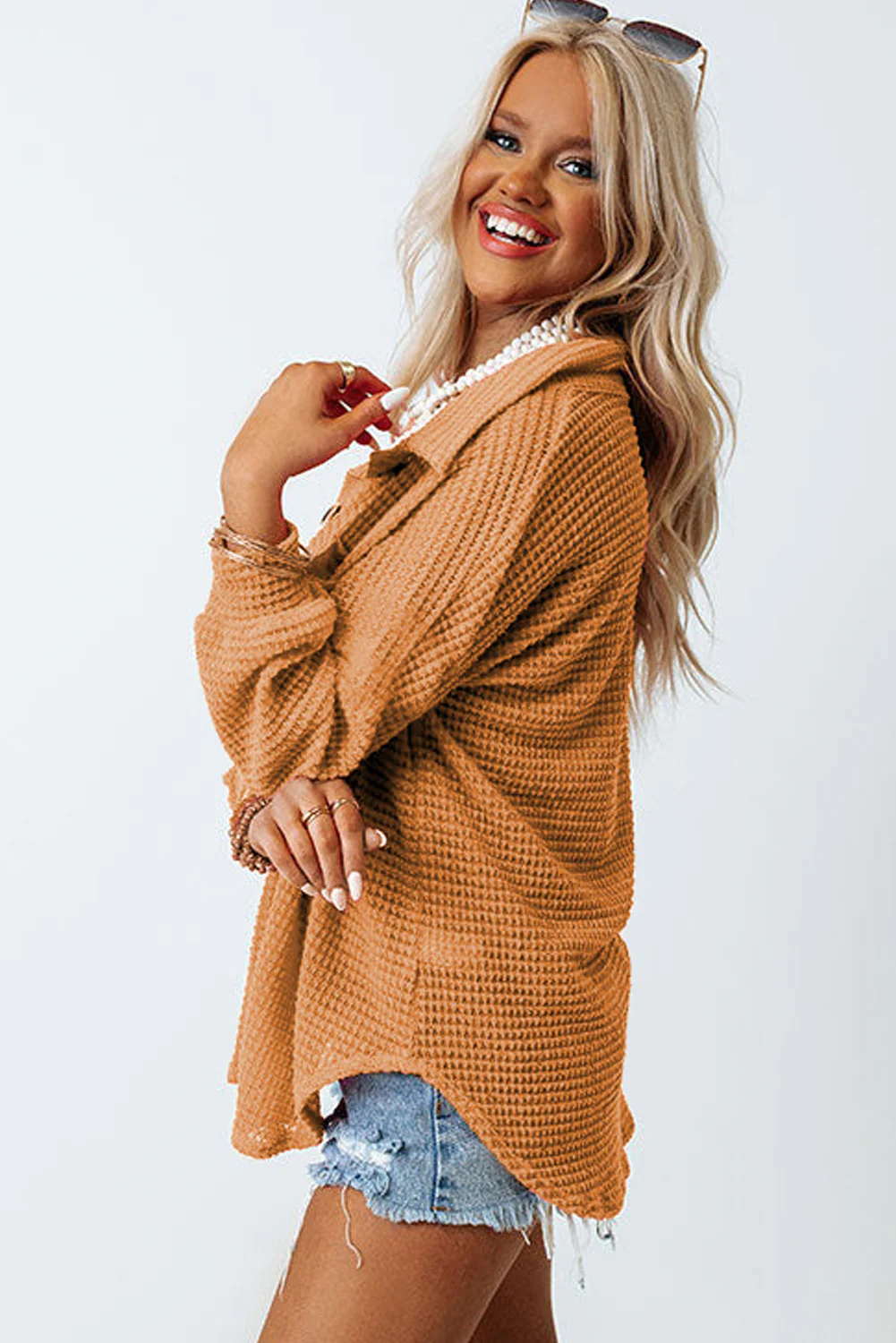 Waffle-Knit Collared Neck Long Sleeve Shirt - Image 5