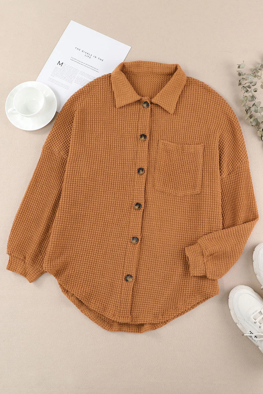 Waffle-Knit Collared Neck Long Sleeve Shirt - Image 6