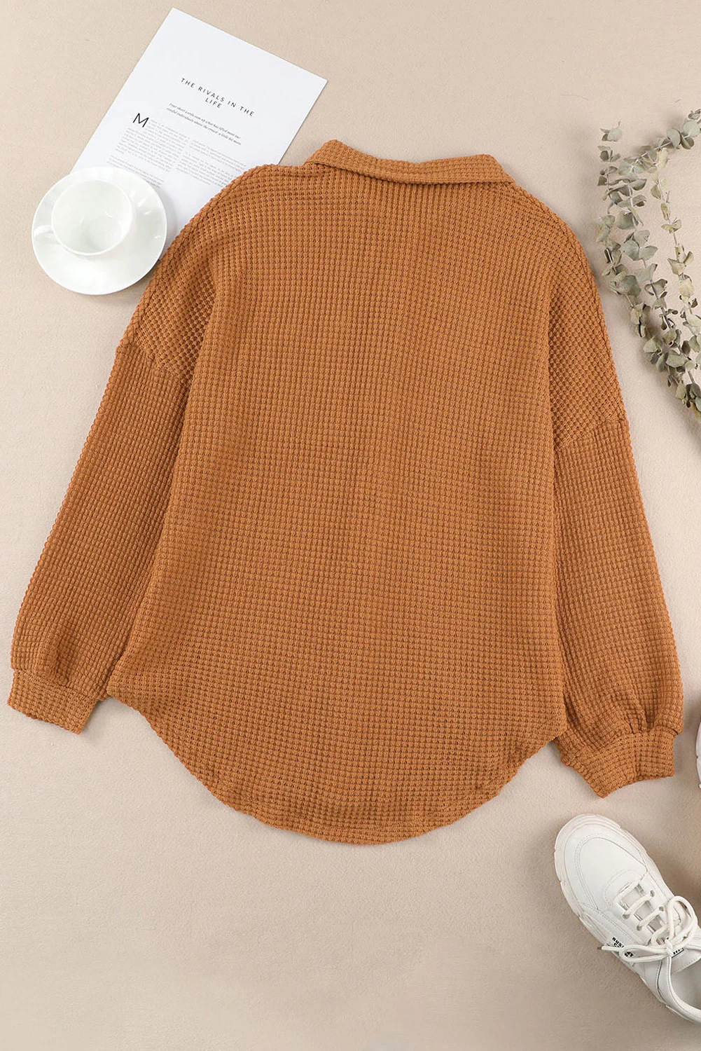 Waffle-Knit Collared Neck Long Sleeve Shirt - Image 7