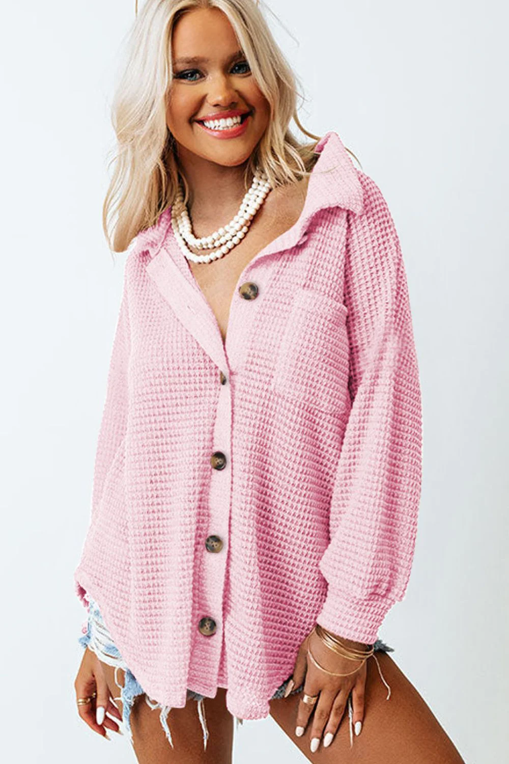 Waffle-Knit Collared Neck Long Sleeve Shirt - Image 9