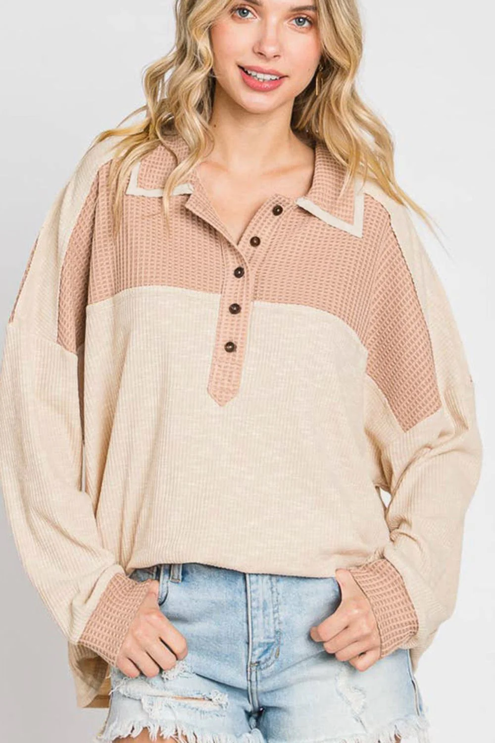Waffle-Knit Color Block Half Button Long Sleeve Top - Image 3
