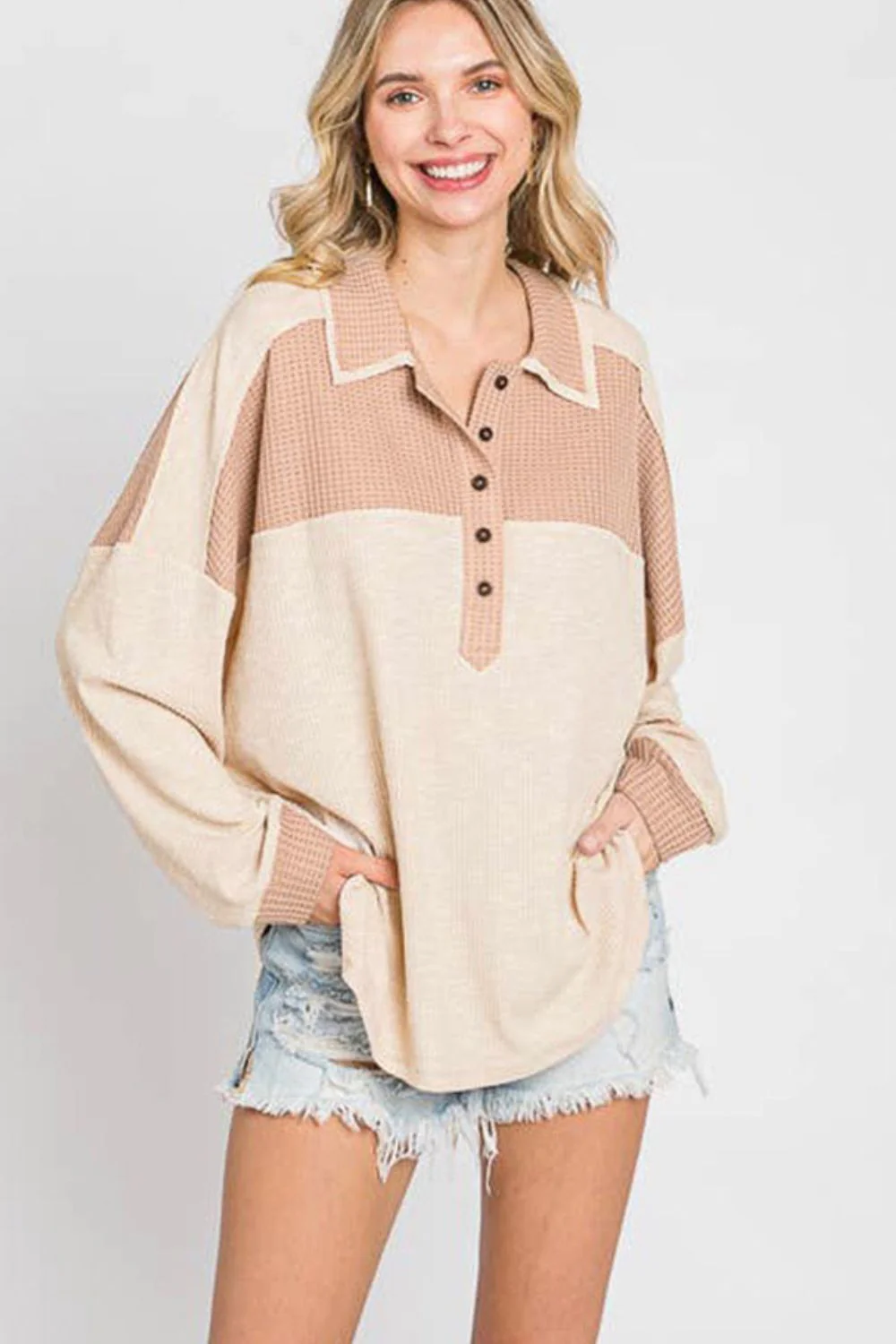 Waffle-Knit Color Block Half Button Long Sleeve Top - Image 4