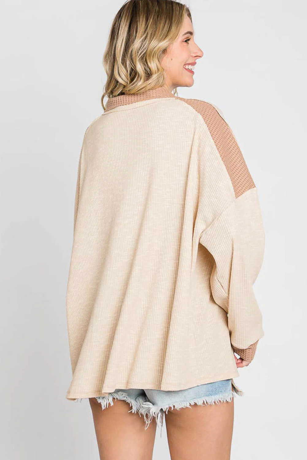 Waffle-Knit Color Block Half Button Long Sleeve Top - Image 5