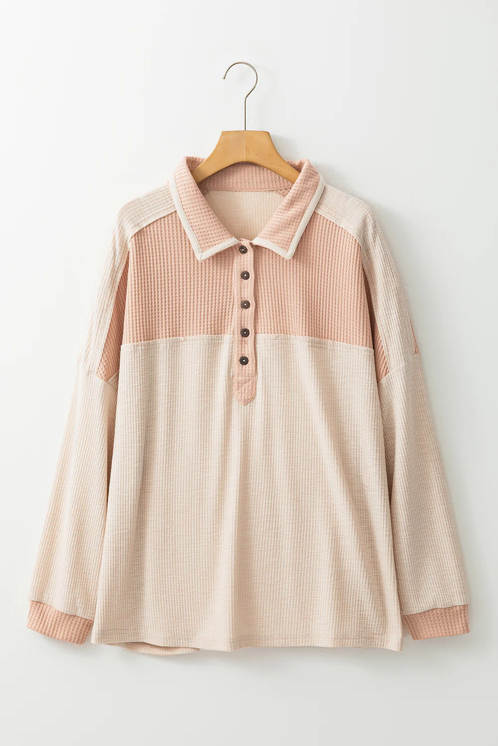Waffle-Knit Color Block Half Button Long Sleeve Top - Image 6
