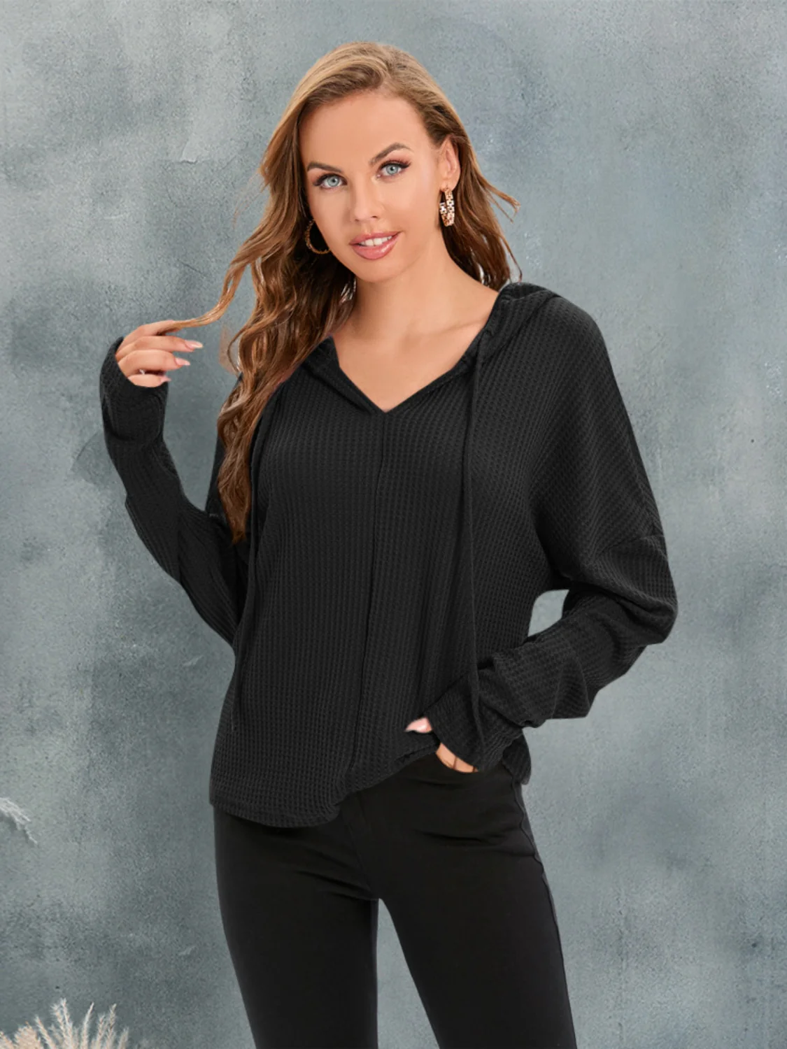 Waffle-Knit Drawstring Drop Shoulder Hoodie - Image 10