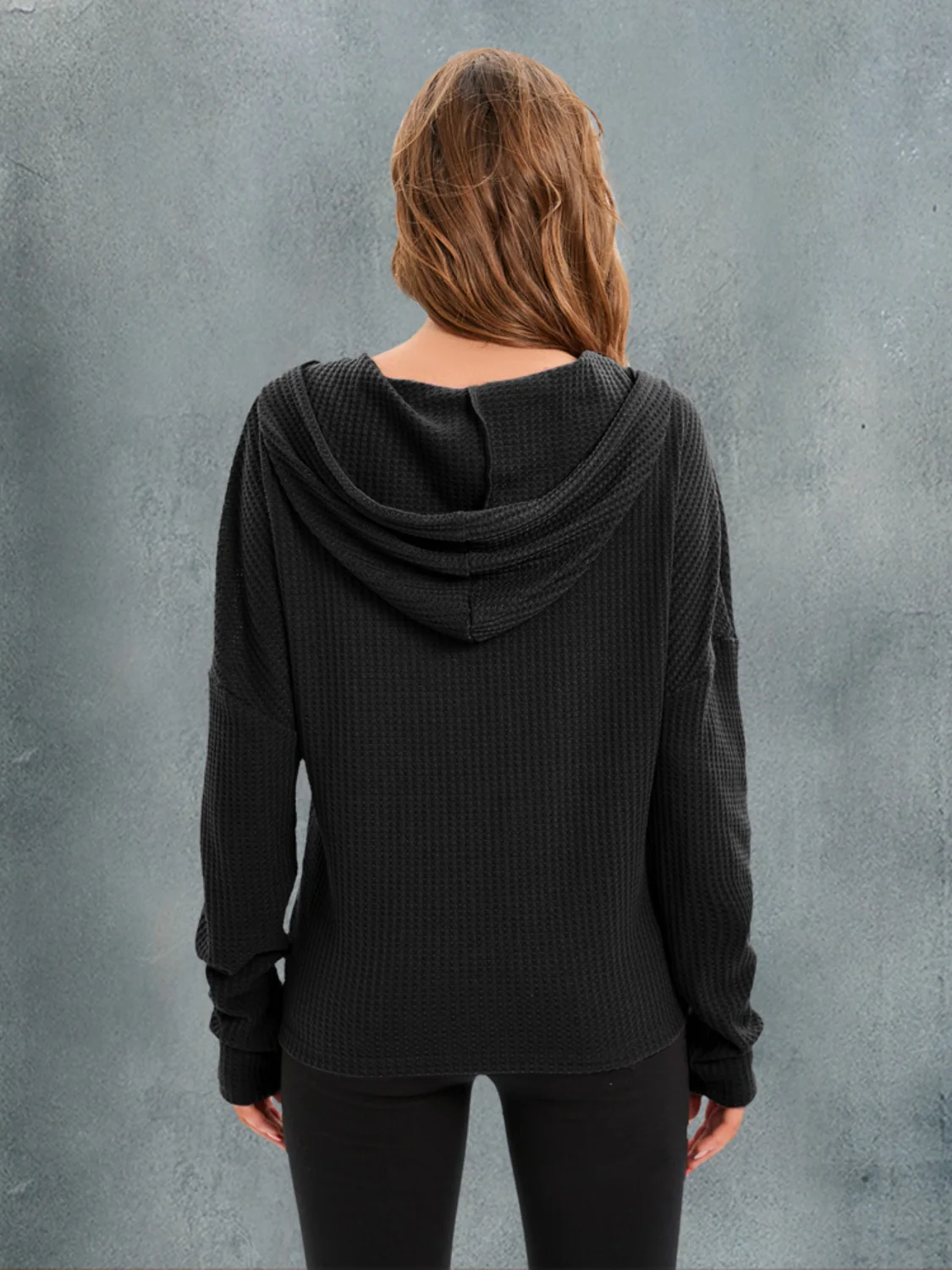 Waffle-Knit Drawstring Drop Shoulder Hoodie - Image 11