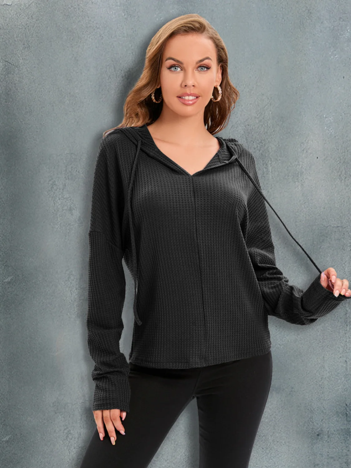 Waffle-Knit Drawstring Drop Shoulder Hoodie - Image 12