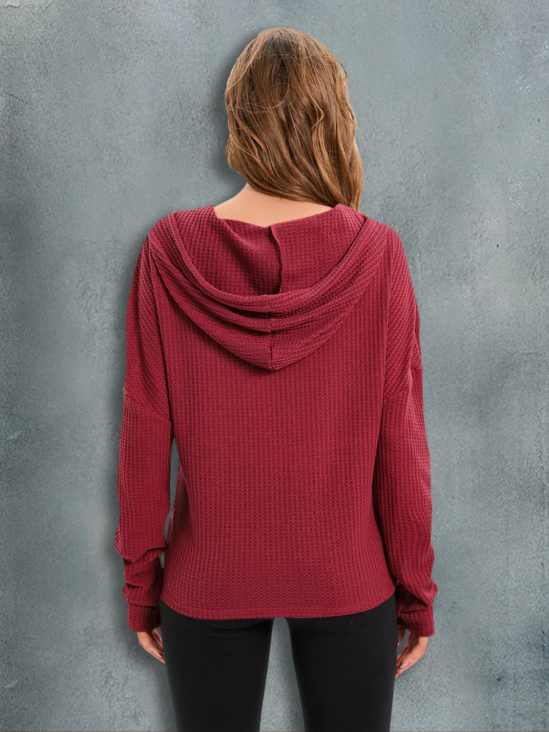 Waffle-Knit Drawstring Drop Shoulder Hoodie - Image 2