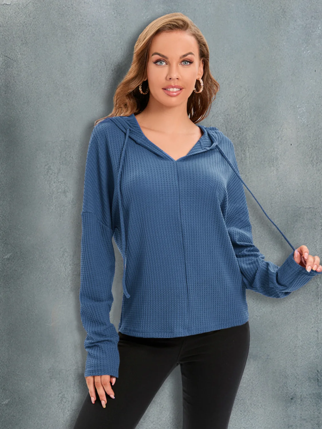 Waffle-Knit Drawstring Drop Shoulder Hoodie - Image 4