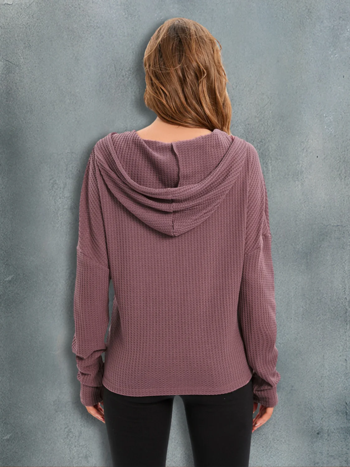 Waffle-Knit Drawstring Drop Shoulder Hoodie - Image 8