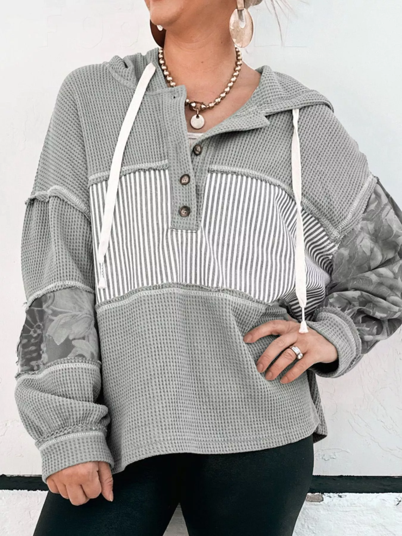 Waffle Knit Striped Drawstring Hoodie - Image 3