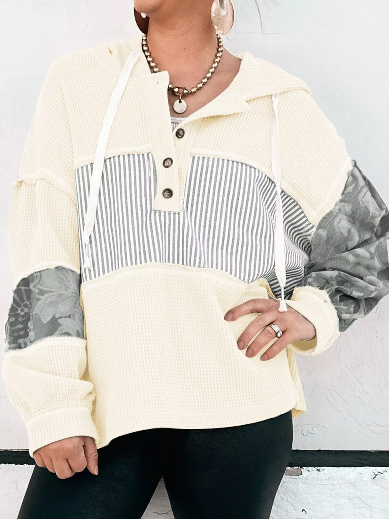 Waffle Knit Striped Drawstring Hoodie - Image 4