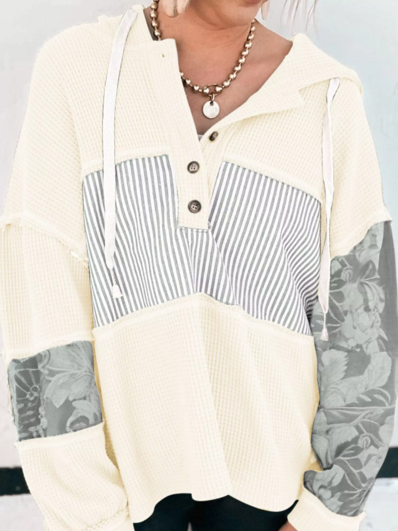 Waffle Knit Striped Drawstring Hoodie - Image 5