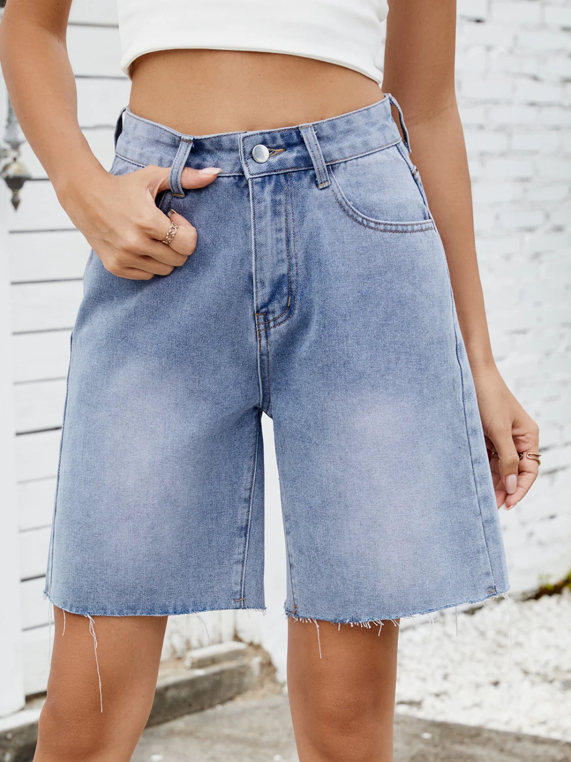 Washed Raw Hem Denim Shorts - Image 2