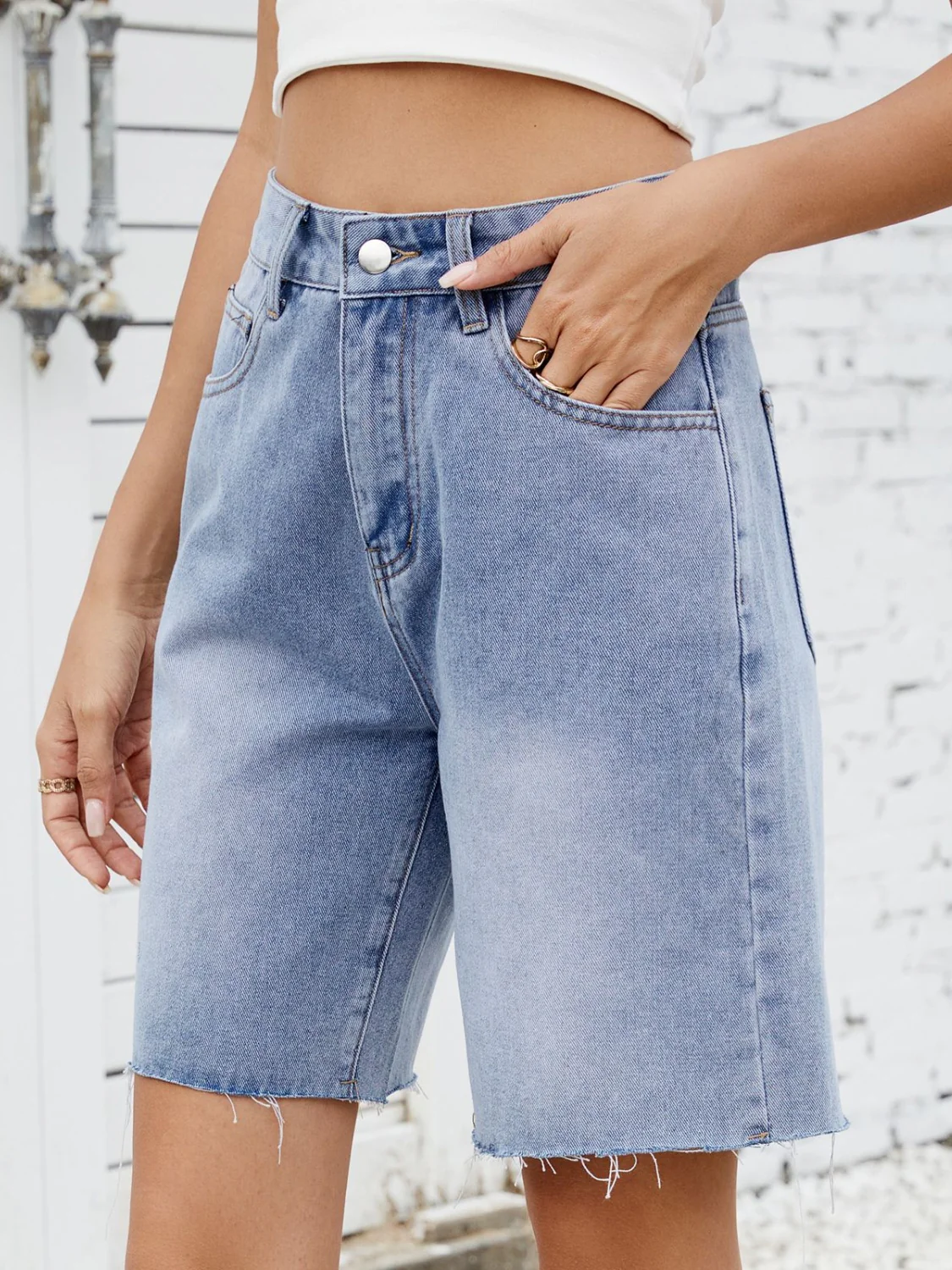 Washed Raw Hem Denim Shorts - Image 5