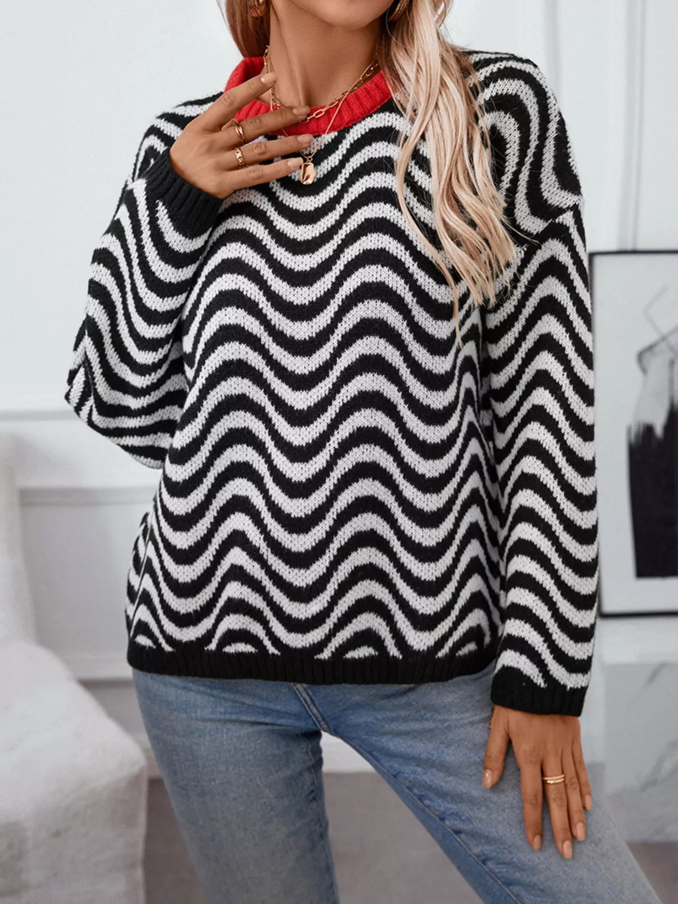 Wavy Striped Round Neck Sweater - Image 11