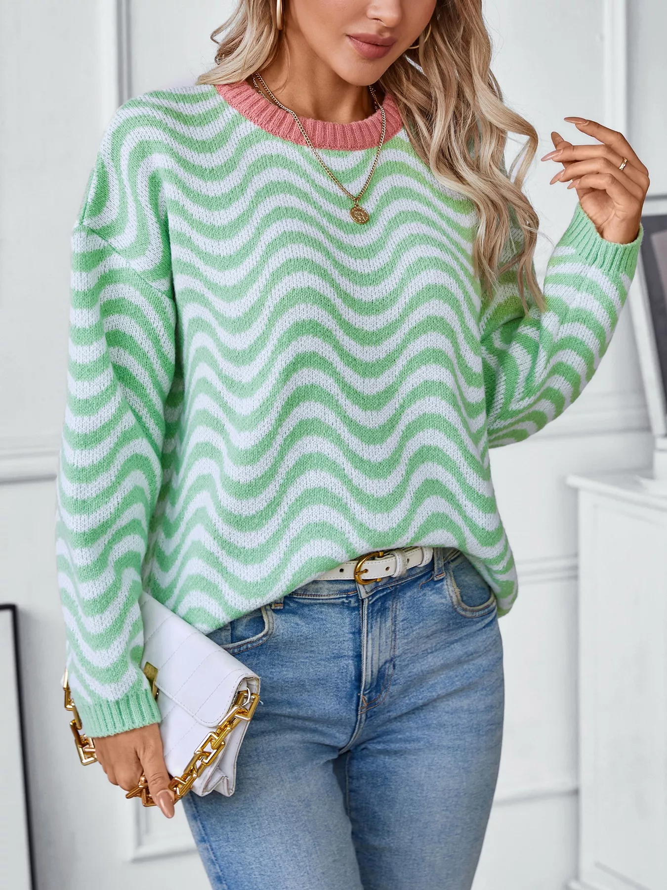 Wavy Striped Round Neck Sweater - Image 3
