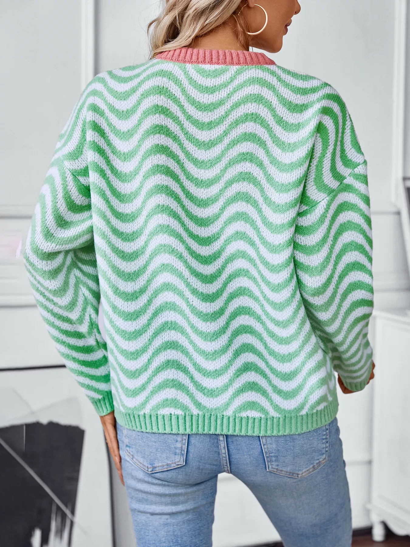 Wavy Striped Round Neck Sweater - Image 4