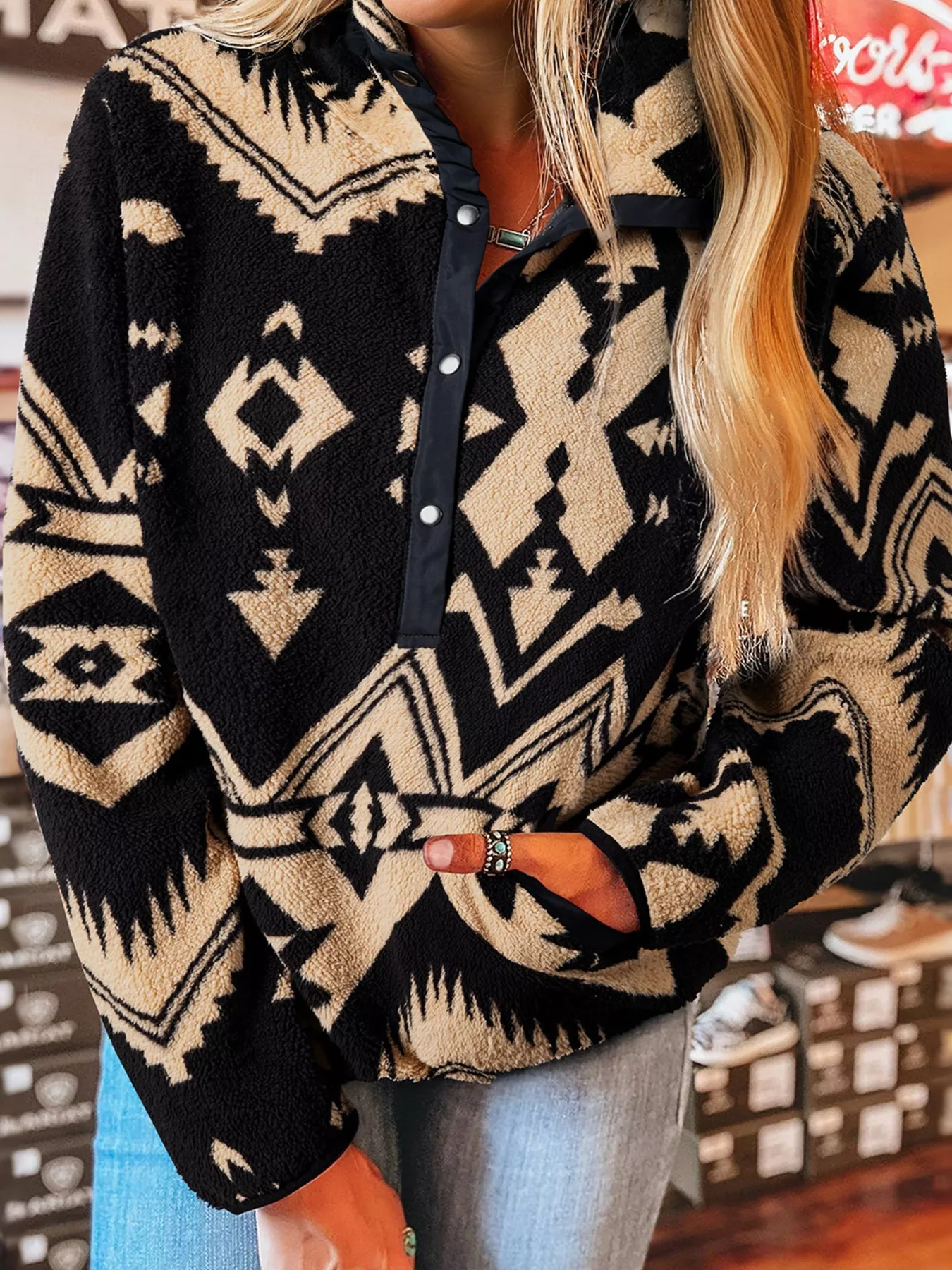 Western Aztec Half Zip Plush Sweatshirt - Image 10