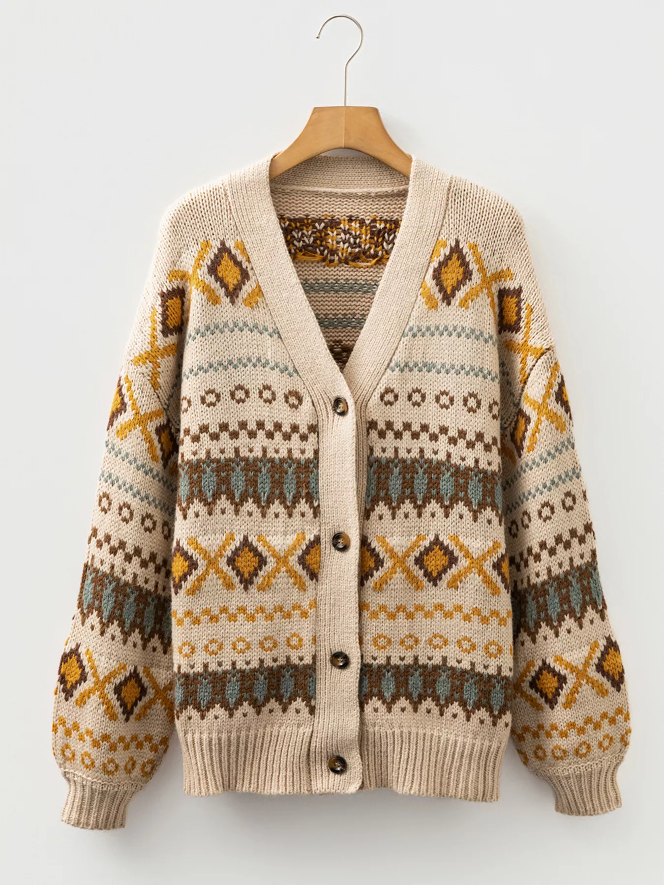 Western Pattern Knitted Button V Neck Cardigan Sweater - Image 4