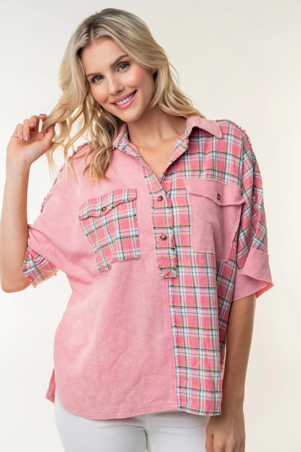 White Birch Plaid Color Block Half Button Top - Image 3