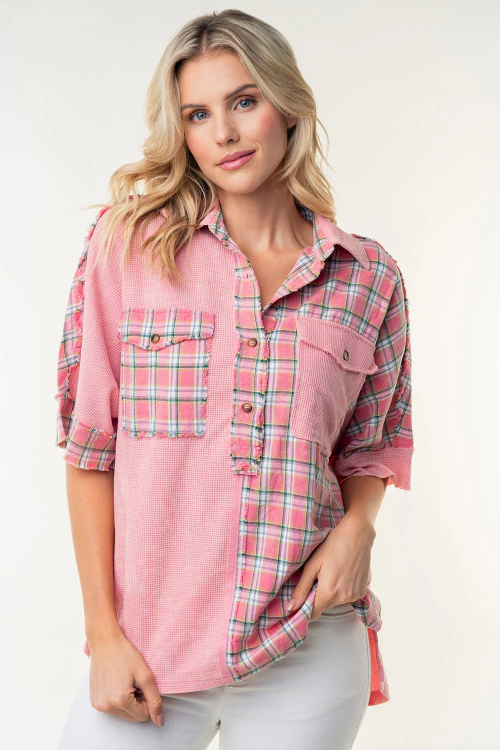 White Birch Plaid Color Block Half Button Top - Image 4