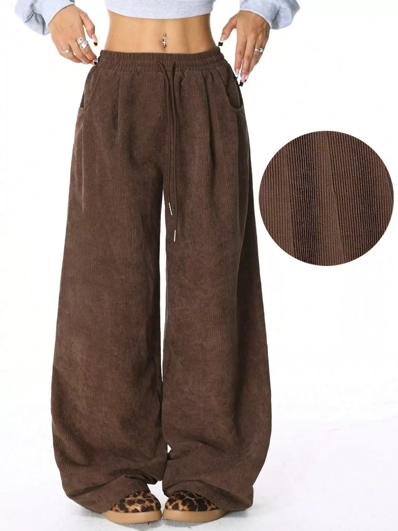 Wide Leg Corduroy Drawstring Pants - Image 10