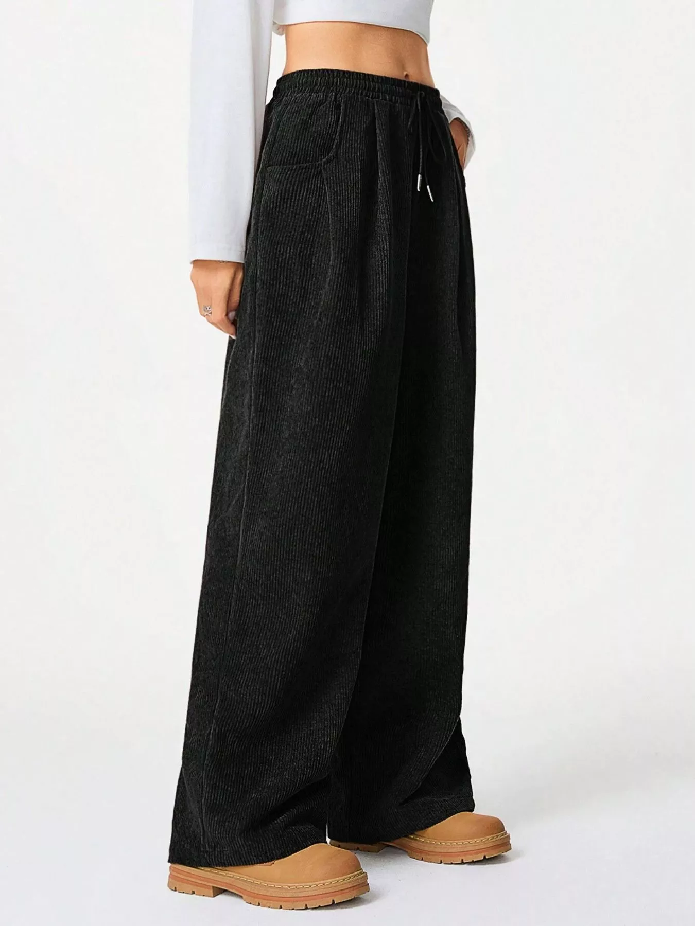 Wide Leg Corduroy Drawstring Pants - Image 3