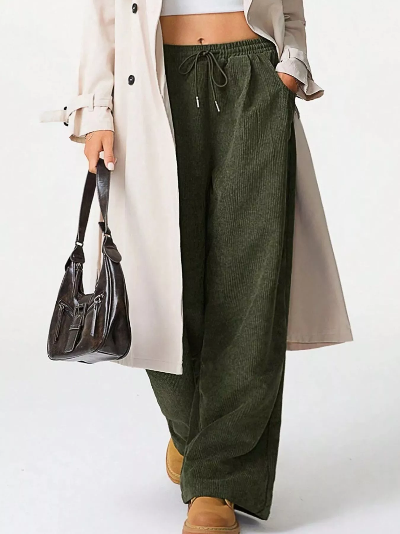Wide Leg Corduroy Drawstring Pants - Image 5