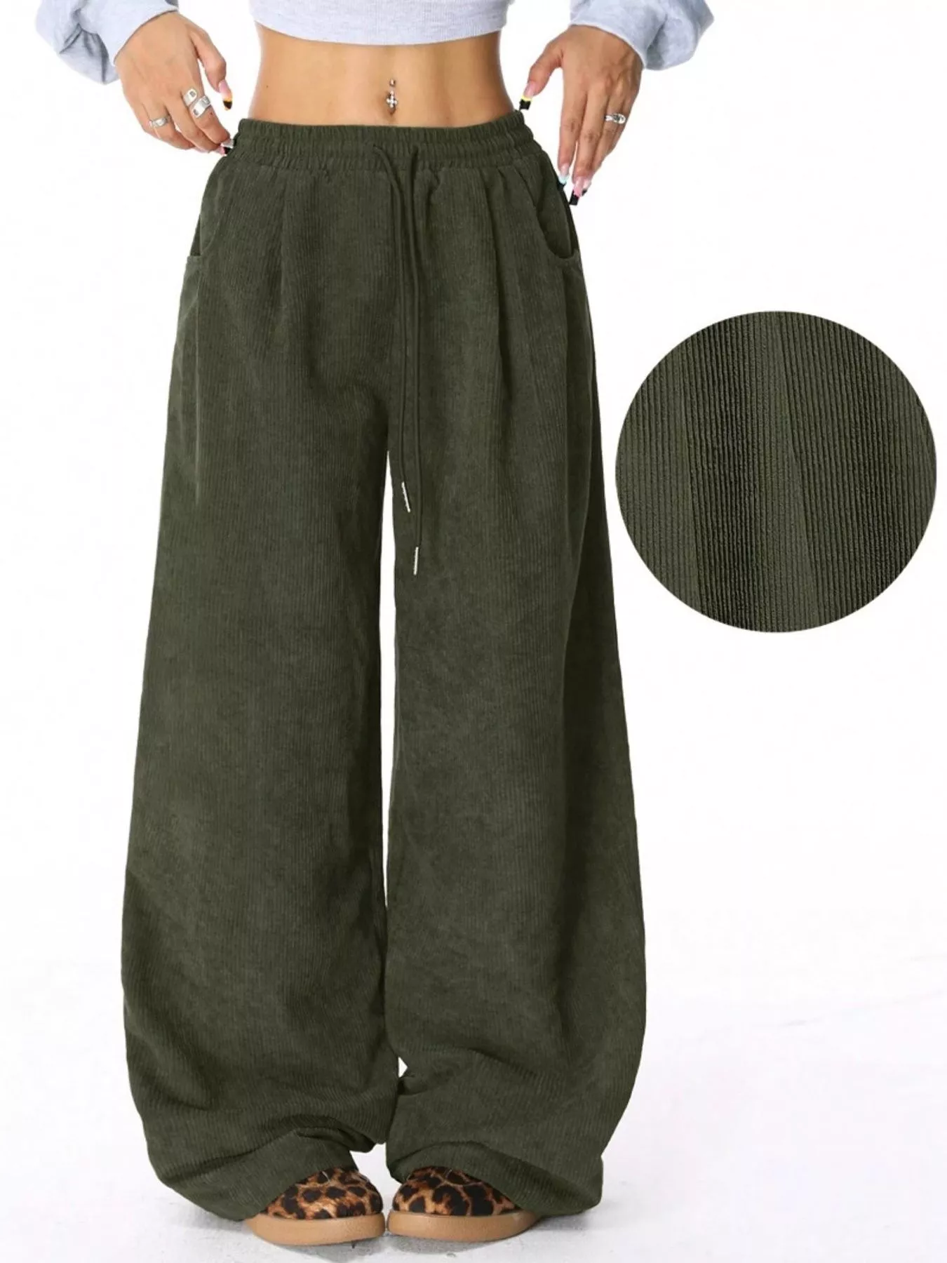 Wide Leg Corduroy Drawstring Pants - Image 6
