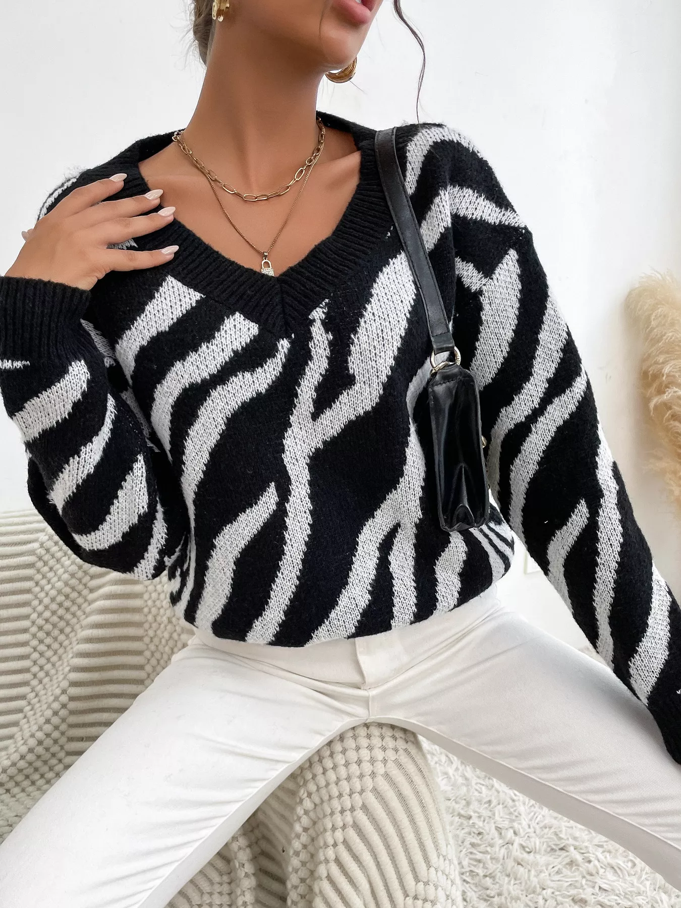 Zebra Print Relaxed Fit Pullover Sweater - Image 2