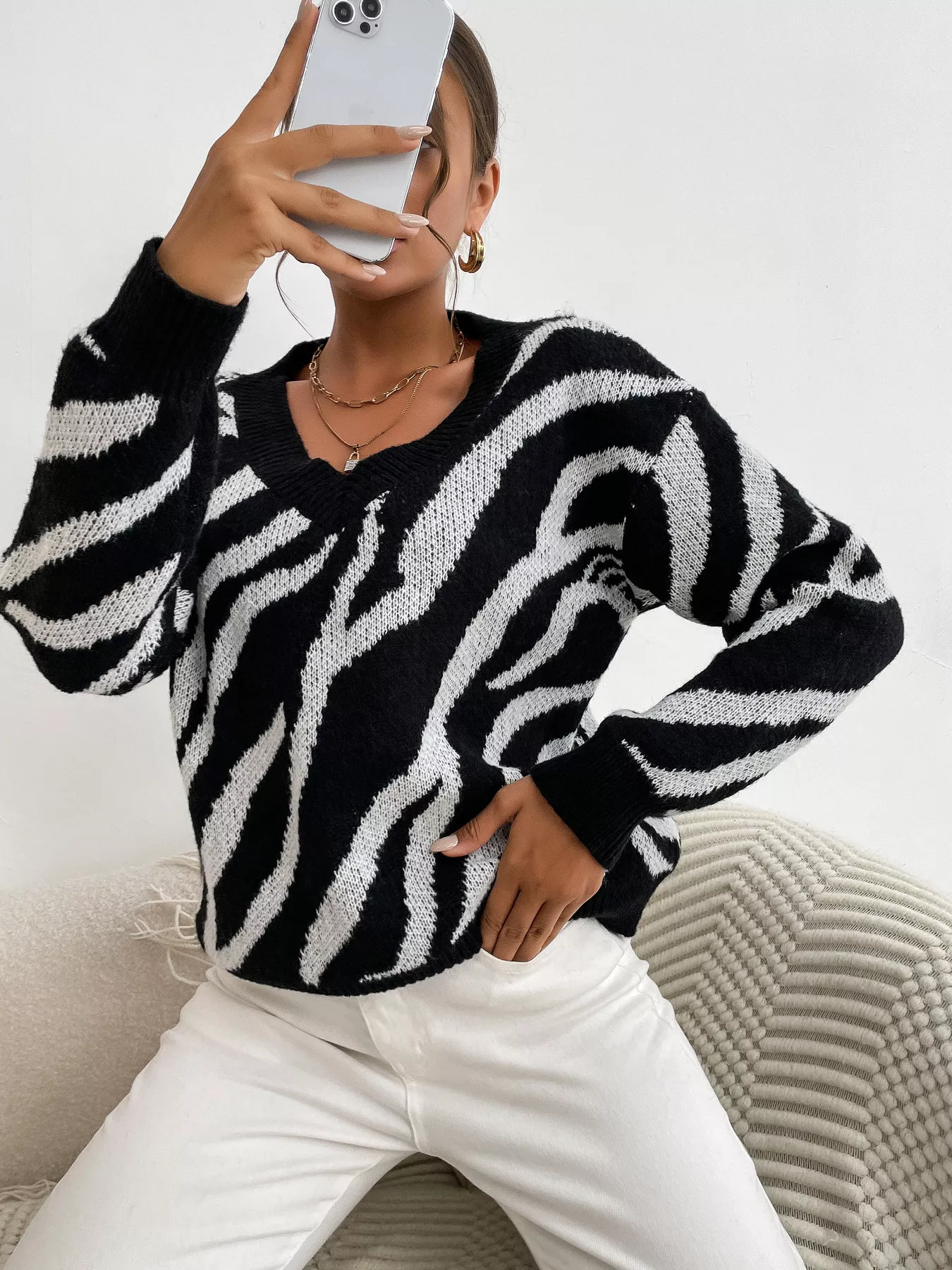 Zebra Print Relaxed Fit Pullover Sweater - Image 3