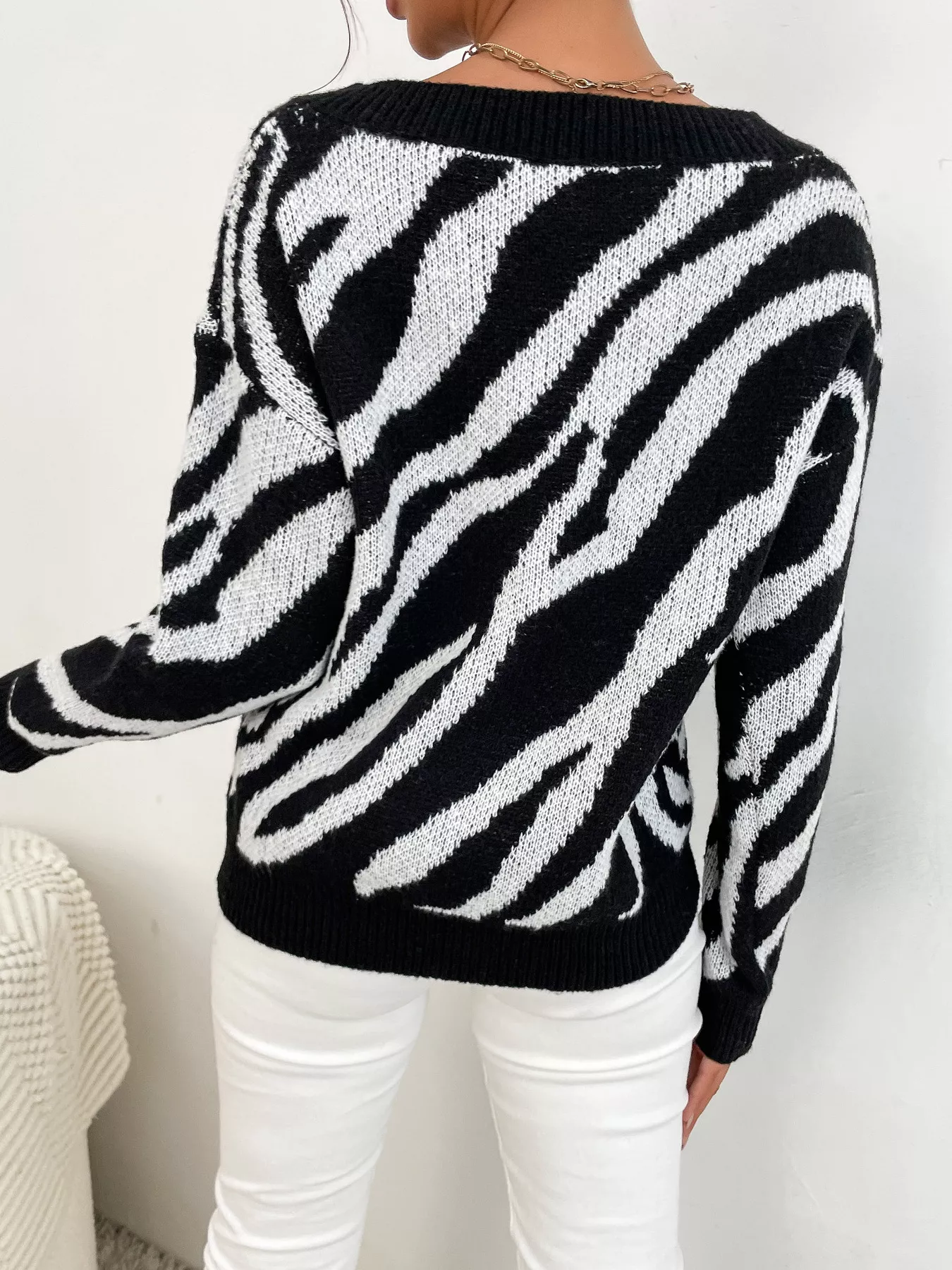 Zebra Print Relaxed Fit Pullover Sweater - Image 7